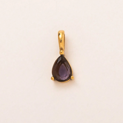 A gold teardrop pendant featuring a dark purple amethyst gemstone, set against a plain off-white background.