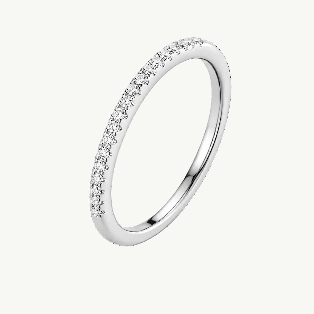 A silver sterling band with pavé set cubic zirconia