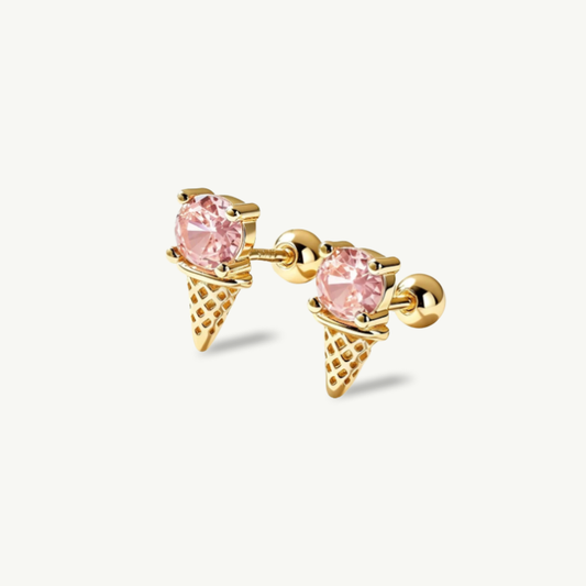 A pair of gold ice cream cone stud earrings with round pink gemstones, shown on a clean off-white background.