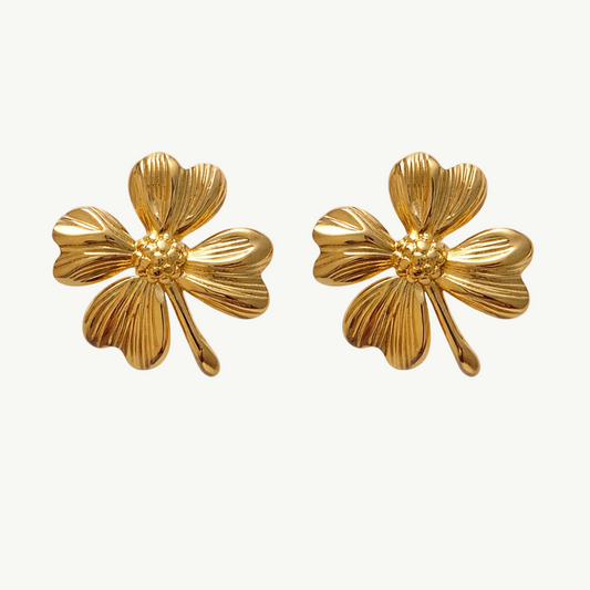 Pair of gold floral earrings on a white background